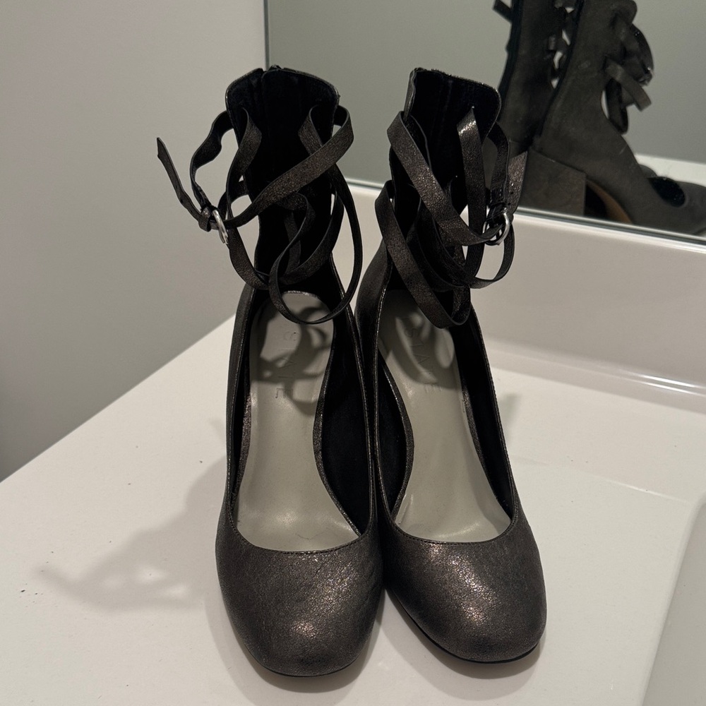 1. State Women's Strappy Ankle Wrap Heels in Pewter